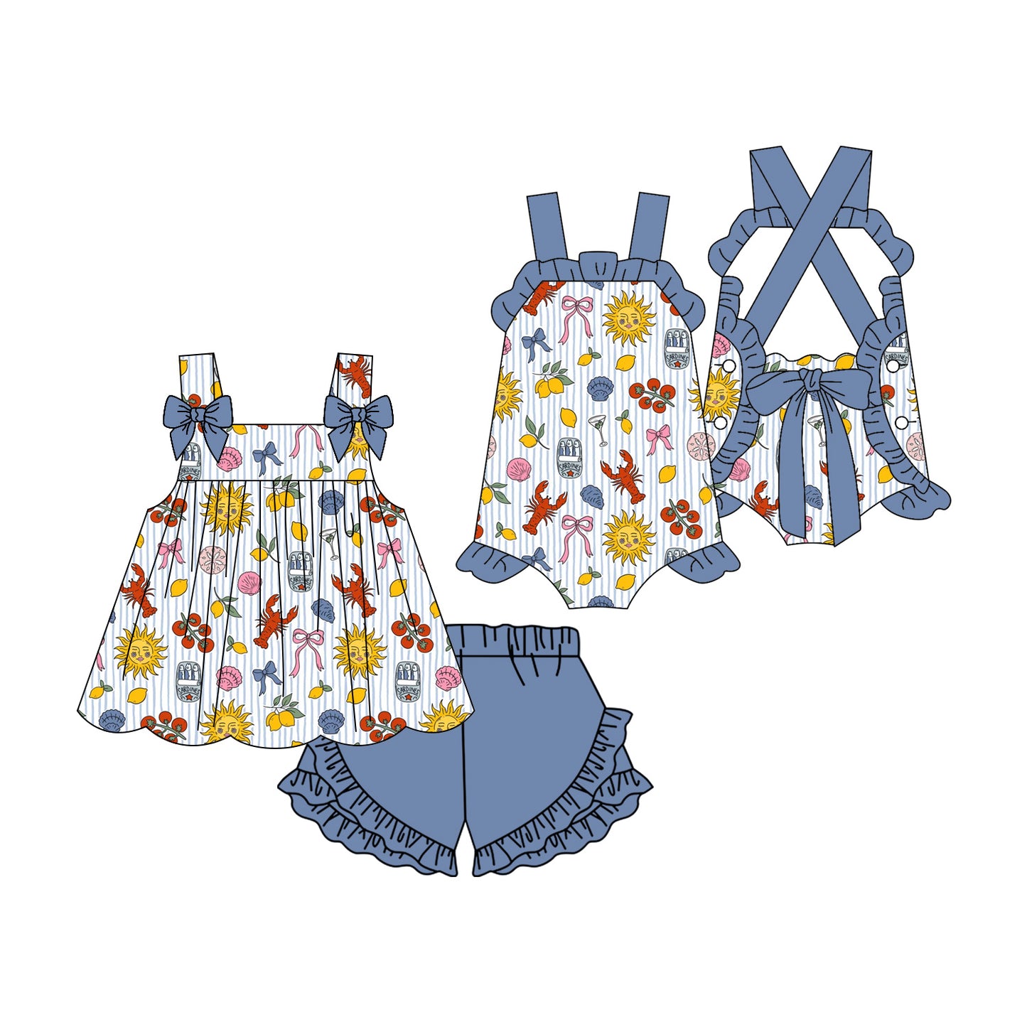 3.3 Custom moq 5 mix size Sibling Baby Girl's Sleeveless Top And Blue Shorts Set Cute Romper for Summer