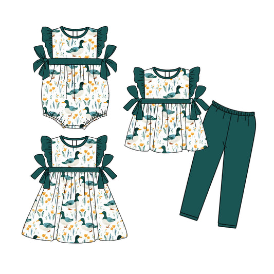 25.9.25 custom each style moq 8 eta 6-8week Sibling Sisters duck baby girl short sleeve pants sets and dress and rompers match family design