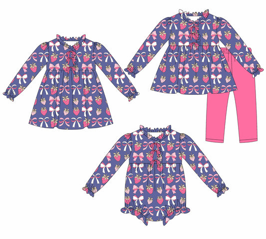 25.10.29 custom each style moq 5 eta 6-8week Sibling Sisters strawberry bow baby girl long sleeve pants sets and dress and rompers match family design