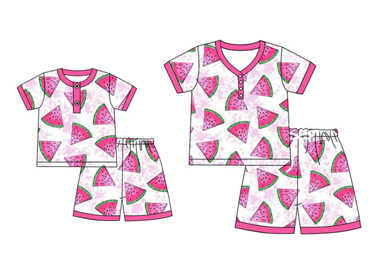 4.19 custom each style moq 5eta 4-6week Sibling Sister watermelon short sleeve shorts sets and adult sets match design