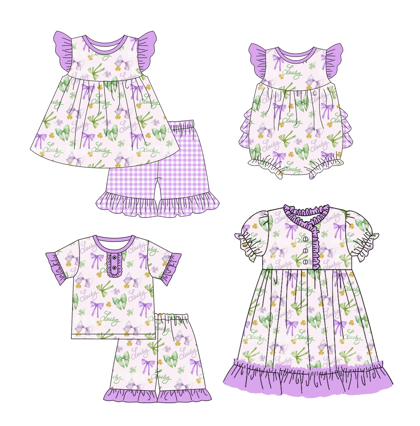 12.10 custom each style moq 5eta 4-6week Sibling Sister Lucky bow purple baby girl short sleeve shorts sets and sets 2 and girls romper and boy romper and dress match design