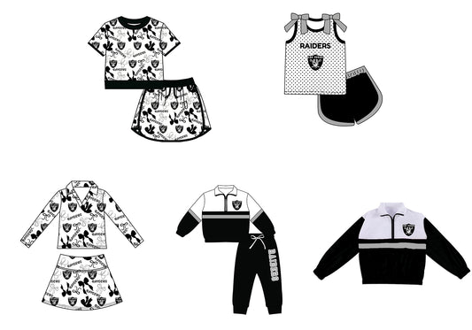 Custom moq 5 mix size summer teams Girls Black Polka Dot Top Shorts Set Bows Print Top Skirt Set Zipper Pullover Pants Set