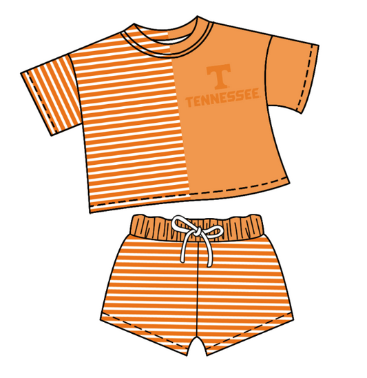 Custom moq 5 mix size milk silk summer teams Children's orange Striped Outfit Set Short-Sleeved Crew Neck Top And Drawstring Shorts for Kids