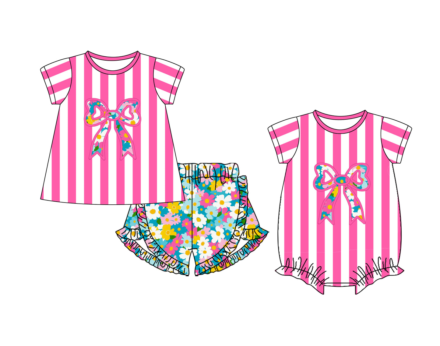 25.11.6 custom each style moq 5 eta 6-8 week Sibling Sister bow floral baby girl short sleeve shorts sets and rompers match family design