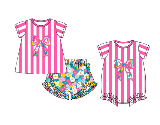 25.11.6 custom each style moq 5 eta 6-8 week Sibling Sister bow floral baby girl short sleeve shorts sets and rompers match family design