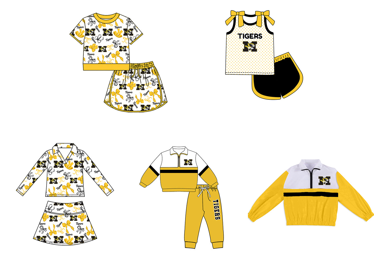 Custom moq 5 mix size summer teams Girls Polka Dot Top Shorts Set Yellow Bows Top Skirt Short Set Zipper Pullover Pants Set