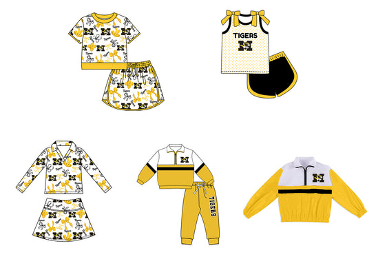 Custom moq 5 mix size summer teams Girls Polka Dot Top Shorts Set Yellow Bows Top Skirt Short Set Zipper Pullover Pants Set