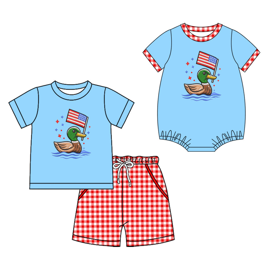 2.27  Custom moq 5 mix size Sibling 4th of July Baby Boys Romper Short-Sleeved Top And plaid Shorts Set for Infants
