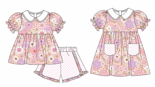 11.3 custom each style moq 5eta 4-6week Sibling Sister floral baby girl short sleeve shorts sets and briefs sets and dresses match design