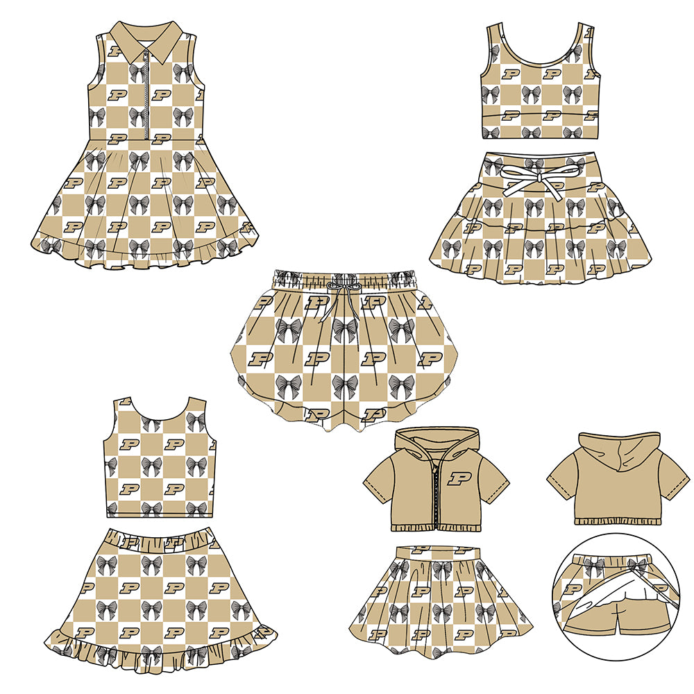 Custom moq 3 or 5 mix size milk silk summer teams baby girl clothes bow khaki sleeveless skirts sets 3 and dresss and shorts-26.1.23