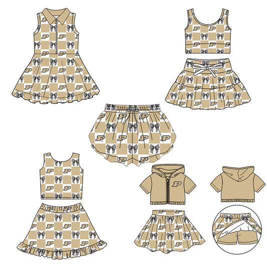 Custom moq 3 or 5 mix size milk silk summer teams baby girl clothes bow khaki sleeveless skirts sets 3 and dresss and shorts-26.1.23