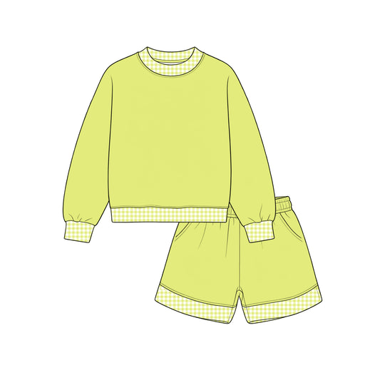 Custom moq 5 girls  Blank Cotton Fabric Sweatshirt Shorts Set Light lemon yellow sweatshirt and shorts set