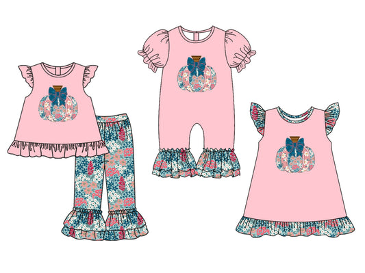 25.5.17 custom each style moq 5eta 4-6week Sibling Sisters pumpkin bow baby girl short sleeve pants sets and dress and rompers match family design