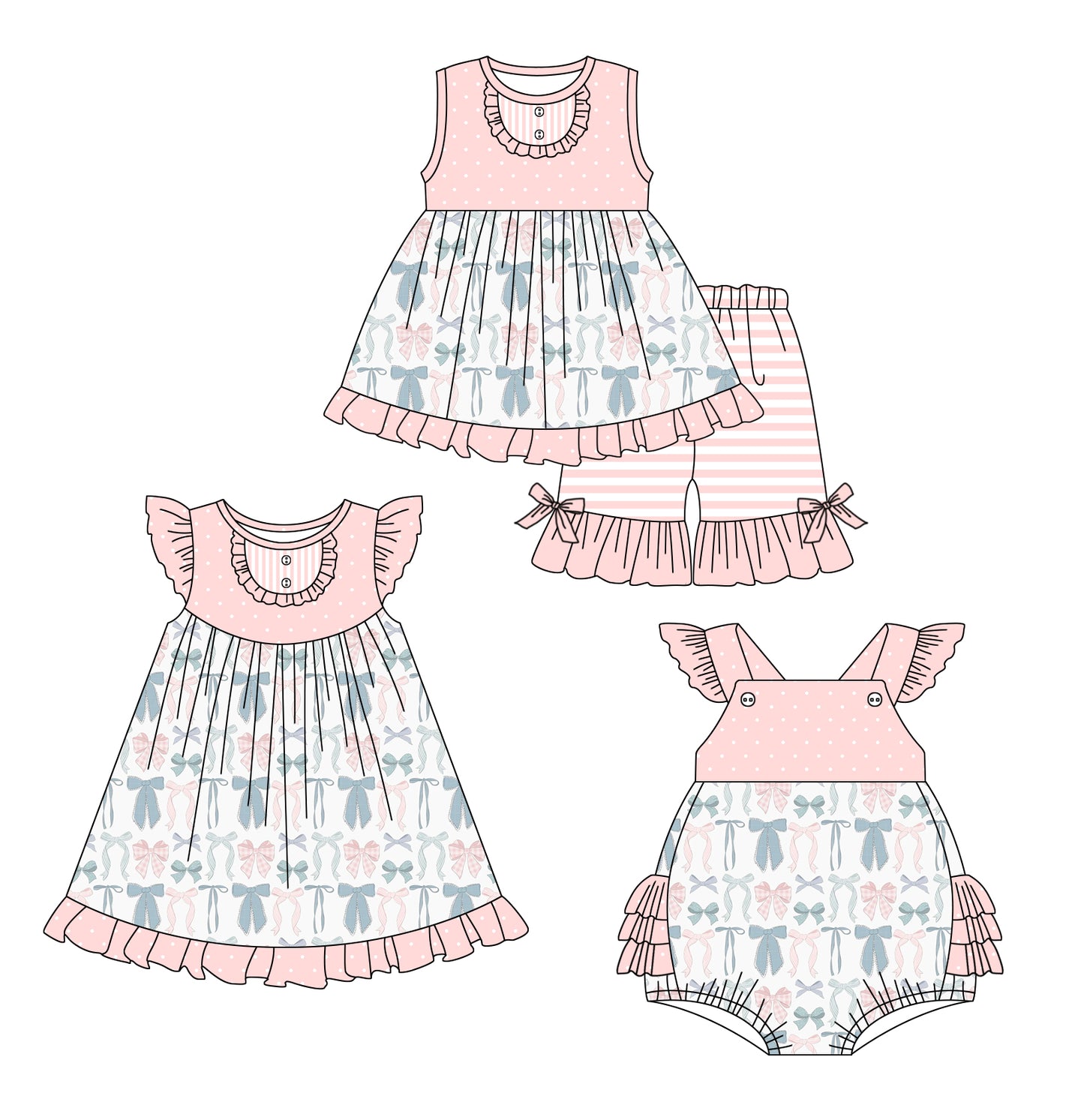 3.6 custom each style moq 5eta 4-6week Sibling Sisters bow baby girl short sleeve shorts sets and dress and rompers match family design