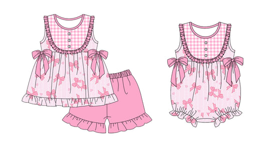 11.29 custom each style moq 5eta 4-6week Sibling Sister bow pink baby girl short sleeve shorts sets and rompers match design