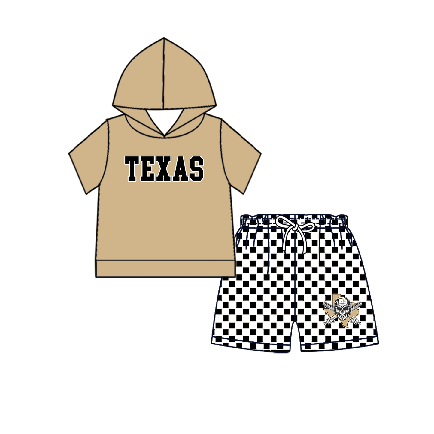 custom moq 5 mix size MSD071006 Baby Kids Short Sleeve Hooded Top Checked Elastic Waist Shorts Team Clothes Set