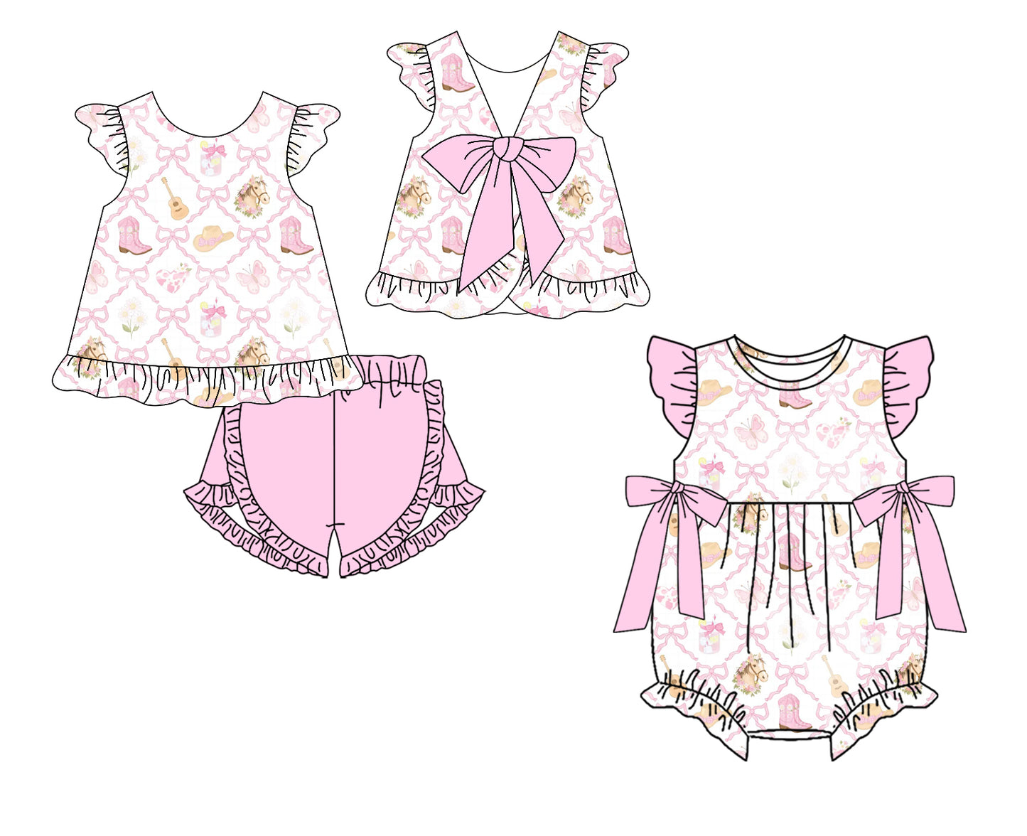 Custom moq 5 mix size Sibling Pink Bow-Print Short-Sleeved Romper Top And Shorts Set for Baby Girls Cute Infant Outfit