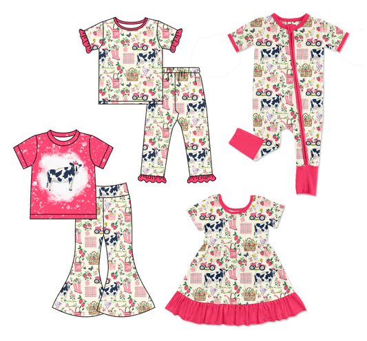 25.12.5 custom each style moq 5 eta 6-8week Sibling Sisters cow floral bow baby girl short sleeve pants sets 2 and dress and rompers match family design