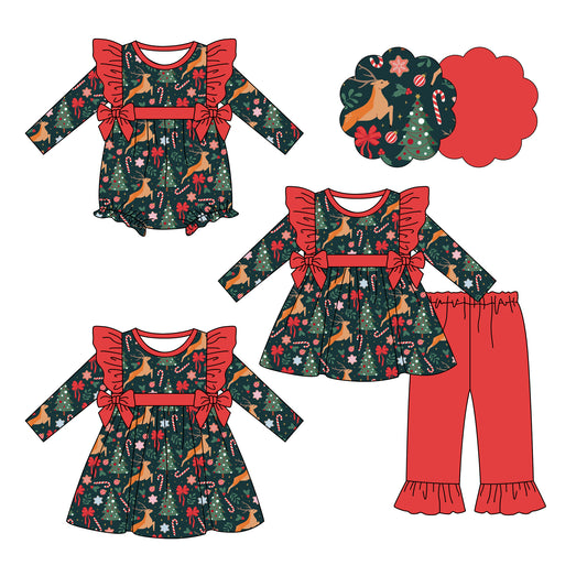 25.6.19 custom each style moq 5eta 4-6week Sibling Sisters Christmas trees baby girl long sleeve pants sets and dress and rompers match family design
