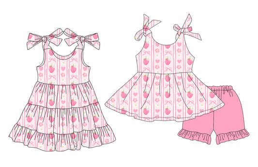 4.3 custom each style moq 5eta 4-6week Sibling Sister strawberry bow baby girl short sleeve shorts sets and dresses match design