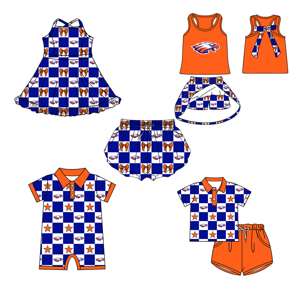 Custom moq 5 mix size milk silk summer teams Checked Bows Baby Girl Sleeveless Orange Top Skirt Short Set Dress And Shorts Yoga Outfit Boy's Top Shorts Set Romper