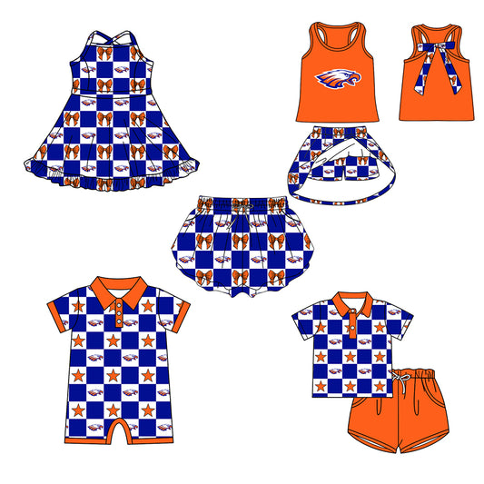 Custom moq 5 mix size milk silk summer teams Checked Bows Baby Girl Sleeveless Orange Top Skirt Short Set Dress And Shorts Yoga Outfit Boy's Top Shorts Set Romper