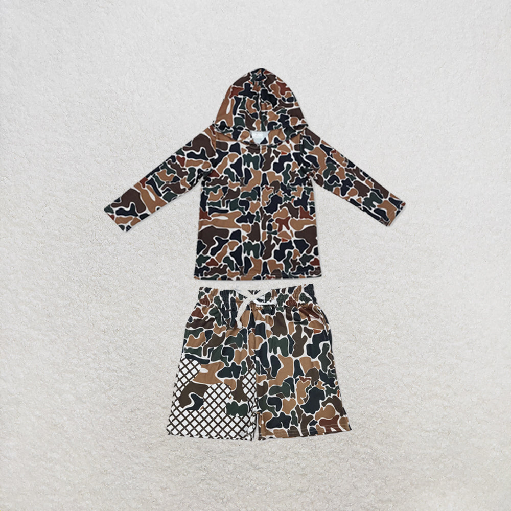 RTS NO MOQ Sibling milk silk Baby Boys Brown Camo Printed Hoodie Top Pocket Short Clothes Set Daily Outfit