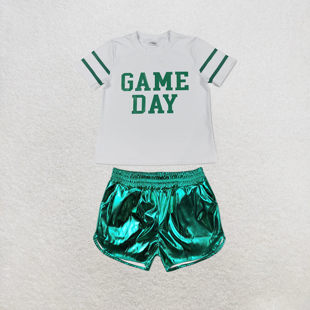 RTS NO MOQ Sibling yoga fabric Baby Girls Vinyl Green Game Day Print Top Matching Shorts Two Piece Team Active Clothes Set
