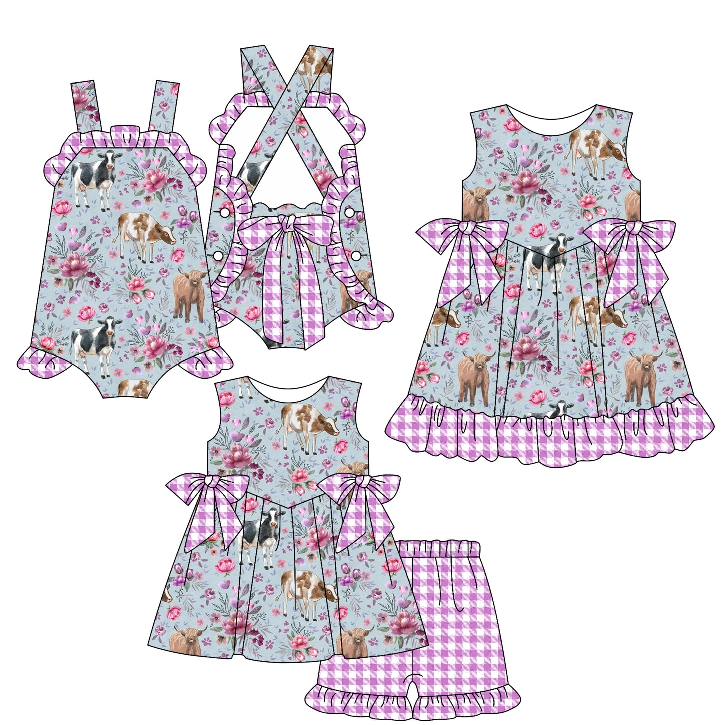 2.15 custom each style moq 5eta 4-6week Sibling Sisters cow floral baby girl short sleeve shorts sets and dress and rompers match family design