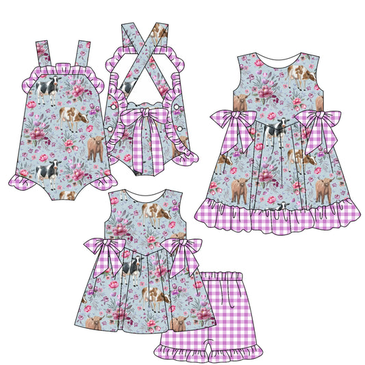 2.15 custom each style moq 5eta 4-6week Sibling Sisters cow floral baby girl short sleeve shorts sets and dress and rompers match family design