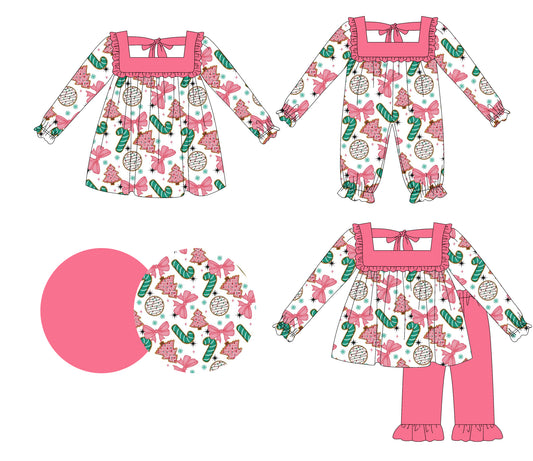 25.5.16 custom each style moq 5eta 4-6week Sibling Sisters Christmas boots trees bow baby girl long sleeve pants sets and dress and rompers match family design