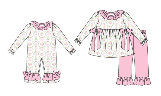 25.6.12 custom each style moq 5eta 4-6week Sibling Sisters floral bow baby girl long sleeve pants sets and rompers match family design
