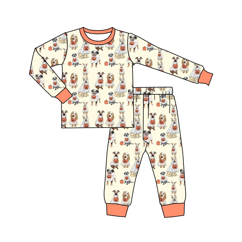 5.9custom each style moq 5eta 4-5week Sibling SisterHalloween dog head ghost print boys set and baby romper match family design