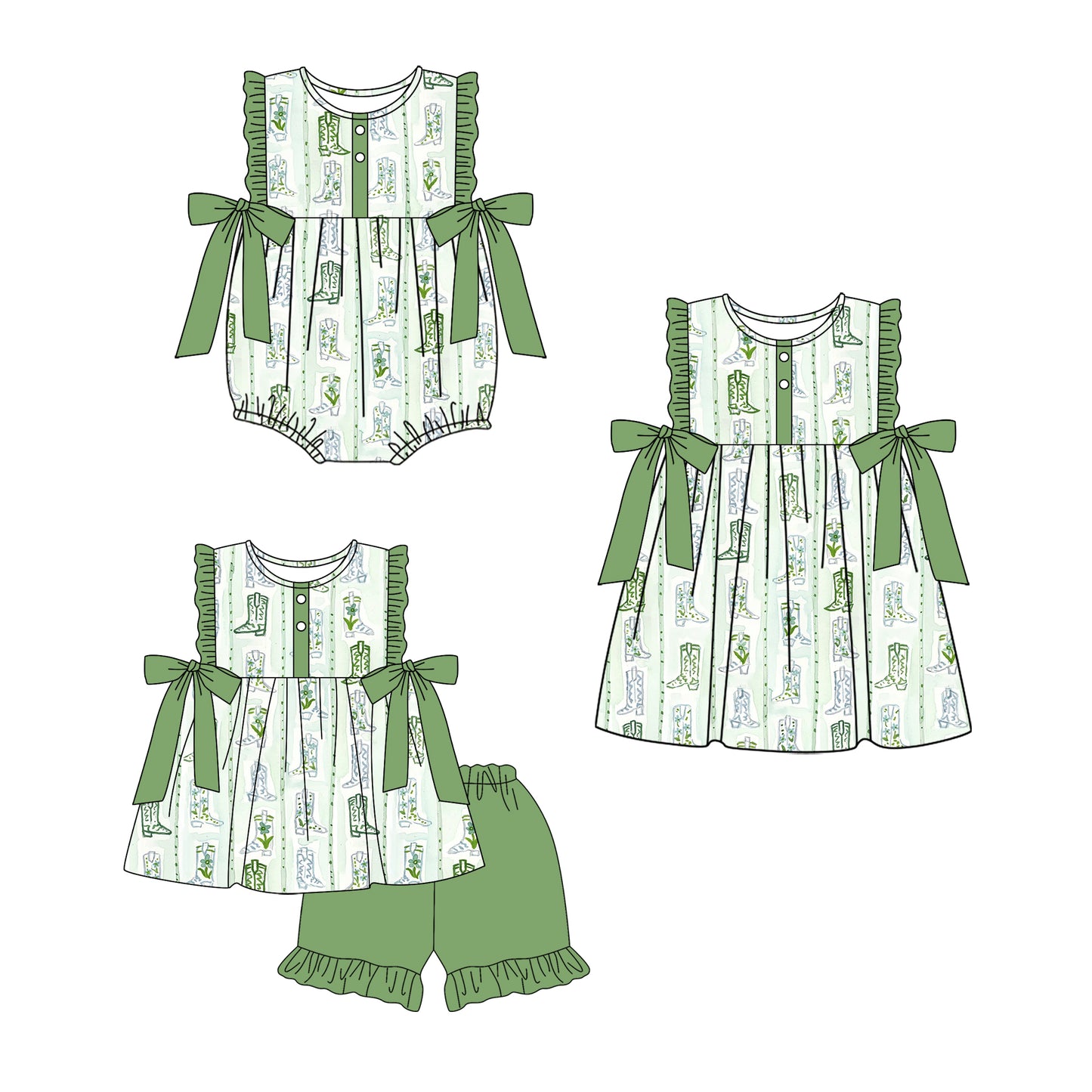 3.6 Custom moq 5 mix size Sibling Baby Girl's Sleeveless Top With Bow And Green Short Set Matching Romper Dress for Summer