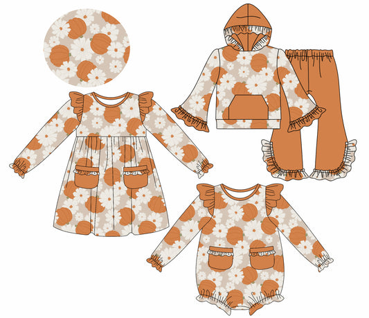 25.7.22 custom each style moq 5eta 4-6week Sibling Sisters pumpkin floral baby girl long sleeve pants sets and dress and rompers match family design
