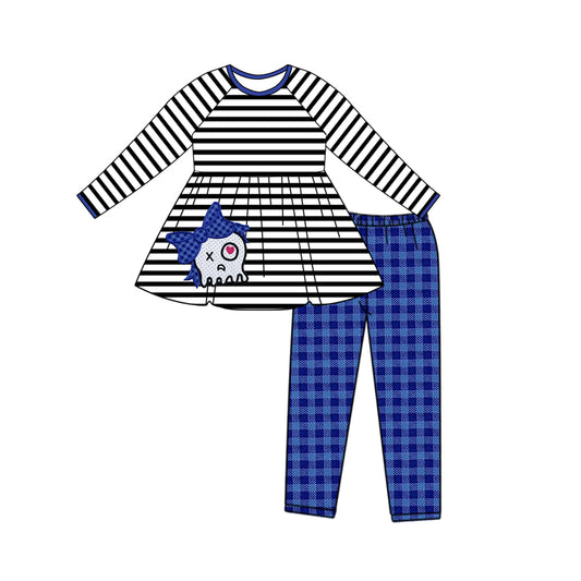 7.18 custom each style moq 5eta 4-6week Sibling Sister blue striped baby girls sets and top match family design