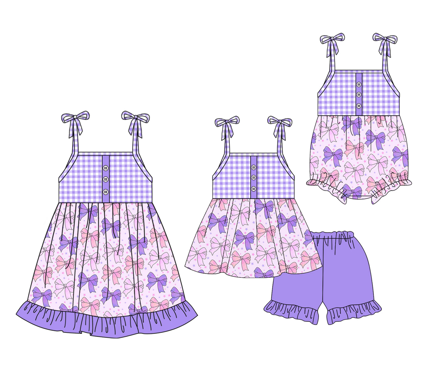 4.2 custom each style moq 5eta 4-6week Sibling Sisters bow purple baby girl short sleeve shorts sets and dress and rompers match family design