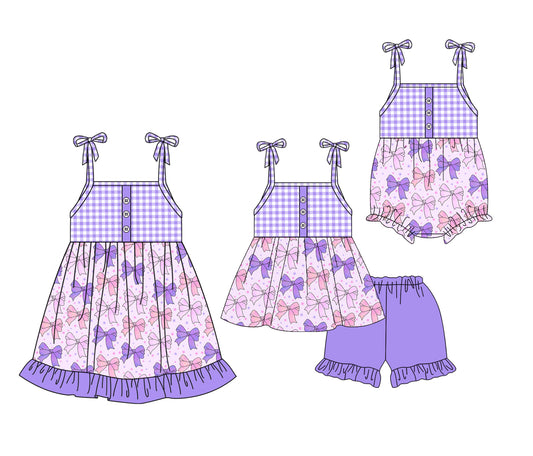 4.2 custom each style moq 5eta 4-6week Sibling Sisters bow purple baby girl short sleeve shorts sets and dress and rompers match family design