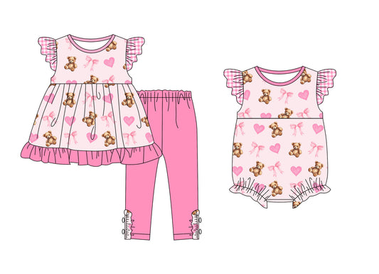 11.15 custom each style moq 5eta 4-6week Sibling Sister love bear bow pink baby girls short sleeve sets and rompers match design