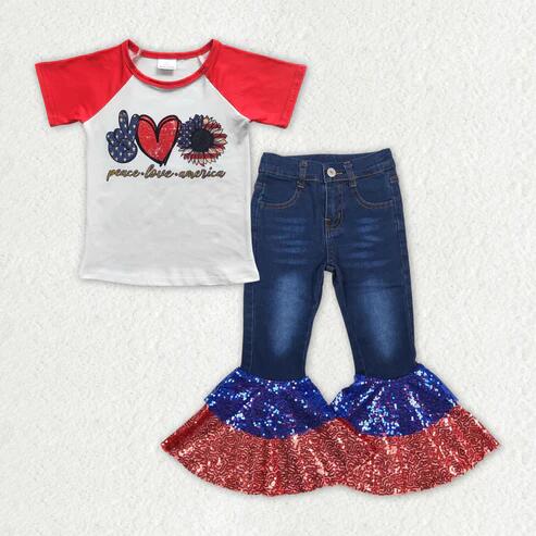 RTS NO MOQ Sibling Baby Girls 4th of July Outfit Set Top with Denim Bell Bottom Pants Clothing for Infants