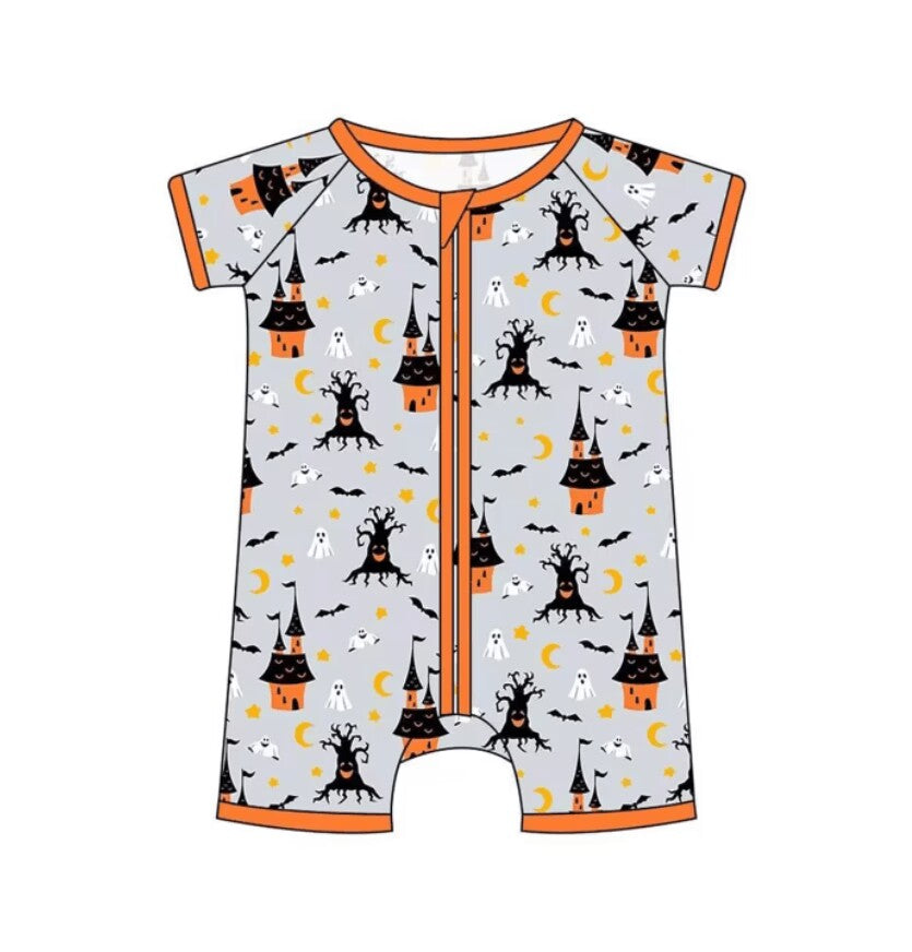 5.9custom each style moq 5eta 4-5week Sibling Sister Halloween Horror Castle prints gray girls and boys outfits and baby rompers match family design