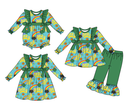 25.9.3 custom each style moq 5eta 4-6week Sibling Sisters lucky baby girl long sleeve pants sets and dress and rompers match family design