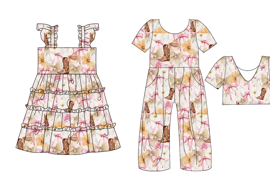 25.10.20 custom each style moq 5 eta 6-8week Sibling Sisters boot bow floral baby girl long sleeve dress and jumpsuit match family design