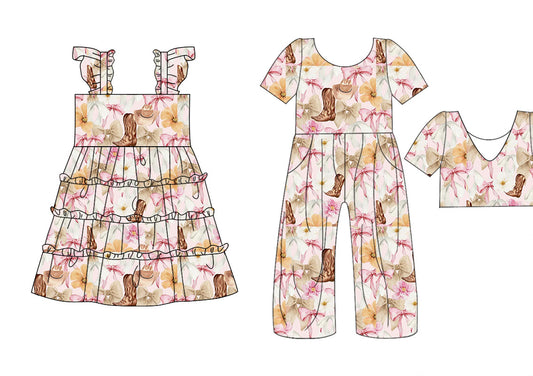 25.10.20 custom each style moq 5 eta 6-8week Sibling Sisters boot bow floral baby girl long sleeve dress and jumpsuit match family design