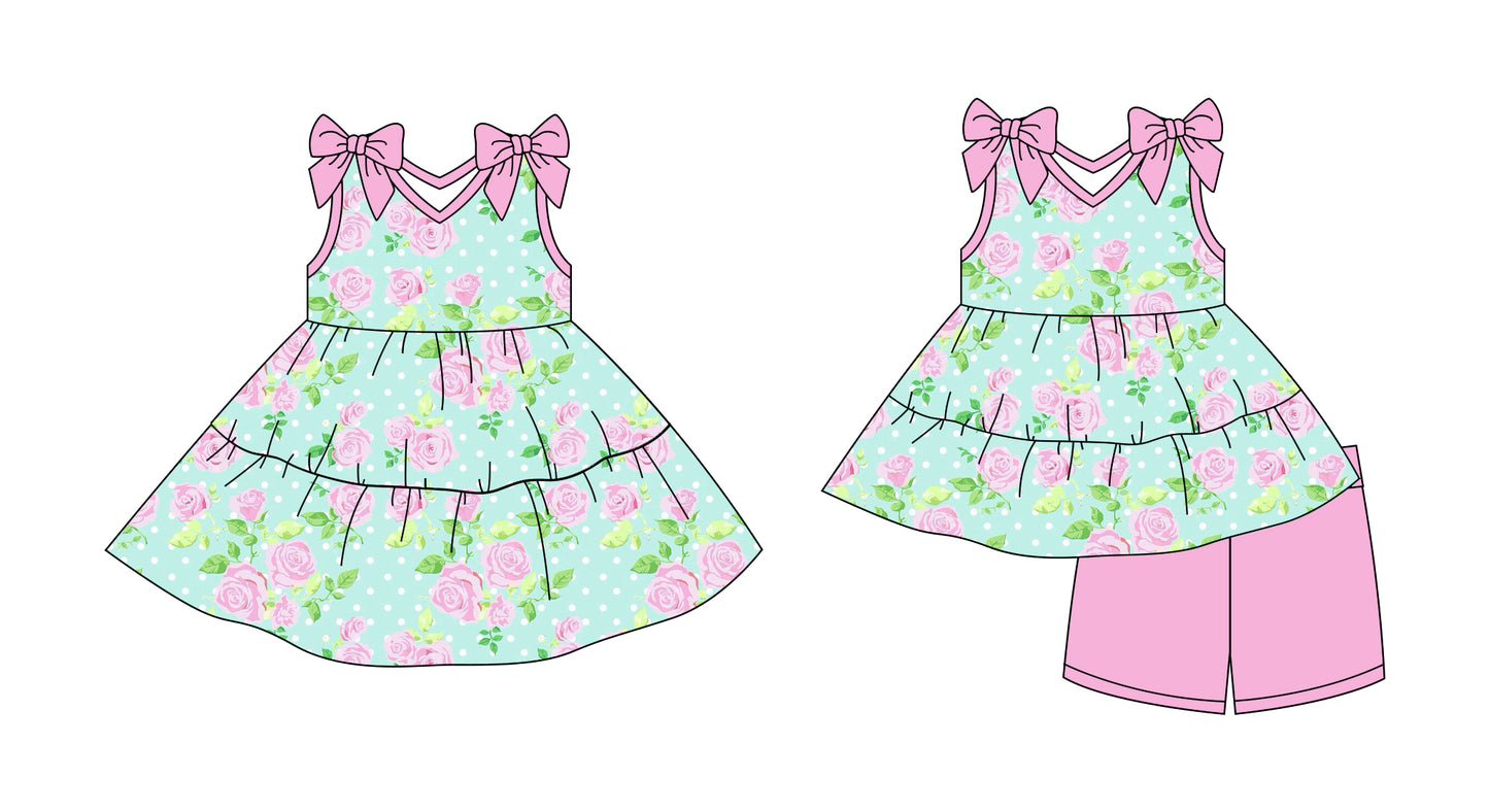 2.27 custom each style moq 5eta 4-6week Sibling Sister floral baby girl short sleeve shorts sets and dresses match design