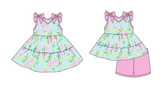 2.27 custom each style moq 5eta 4-6week Sibling Sister floral baby girl short sleeve shorts sets and dresses match design