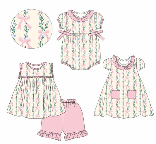 2.22 custom each style moq 5eta 4-6week Sibling Sisters bow floral baby girl short sleeve shorts sets and dress and rompers match family design