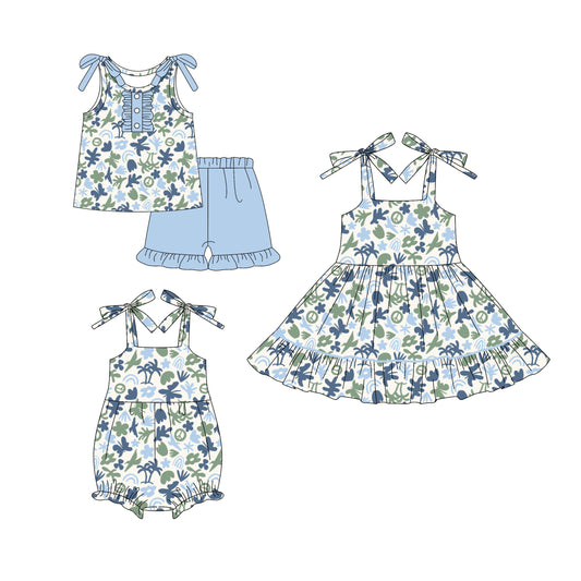 Custom moq 5 mix size Sibling Baby Girl's print sleeveless Top And Shorts Set Cute Romper Dress for Summer