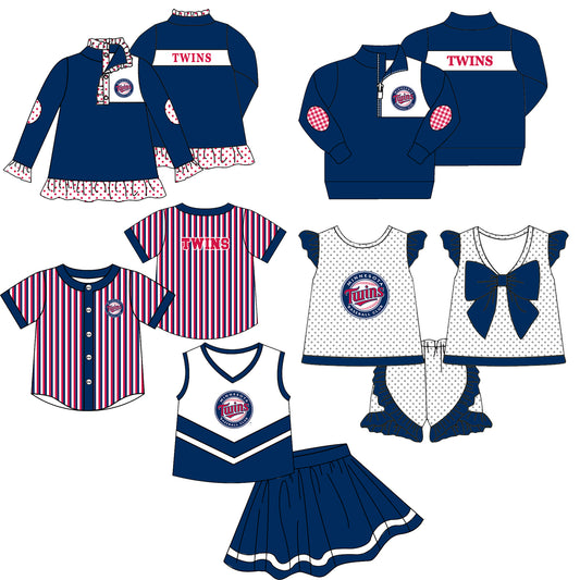 Custom moq 5 mix size milk silk summer teams Girls Navy Blue Long Sleeve Top Matching Short Sleeve Set Boys Tops