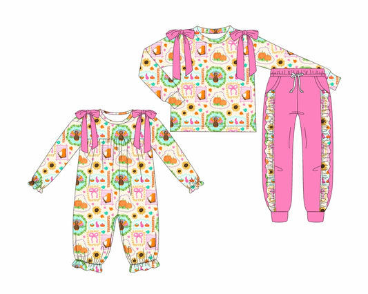 25.7.2 custom each style moq 5eta 4-6week Sibling Sisters turkey pumpkin pink baby girl long sleeve pants sets and rompers match family design
